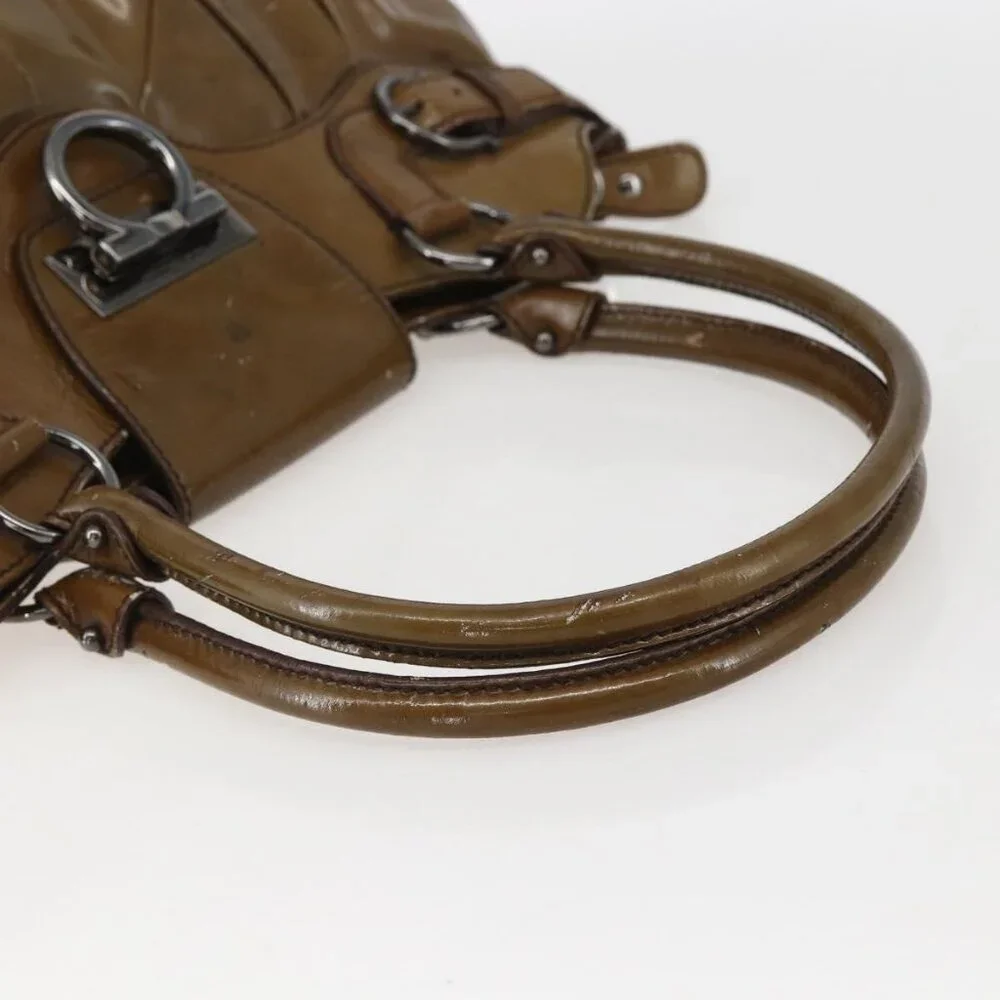 Authentic Salvatore Ferragamo Gancini Shoulder Bag Enamel Brown Silver - Picture 14 of 16